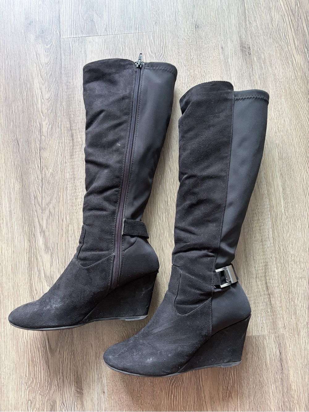 Black Knee-High Wedge Boots with Side Zip